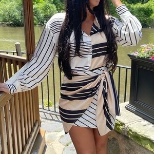 silk stripe pattern button down wrap dress